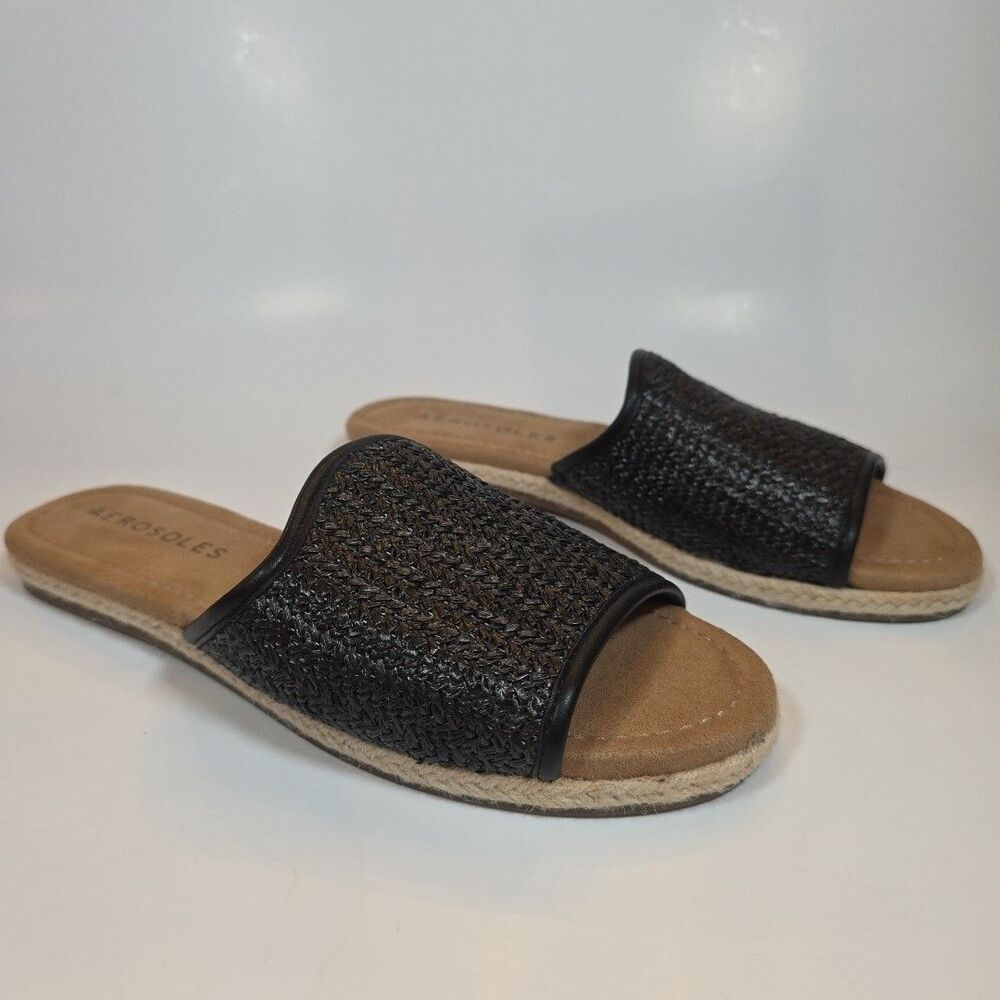 AEROSOLES Women's Denville Black Espadrille Flat Slide Sandals Size 8